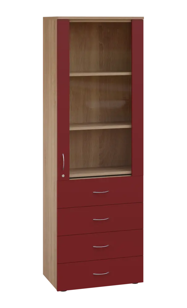 LE - 64 skříň léková prosklená, pravá, korpus dub bardolino, dvířka burgundská